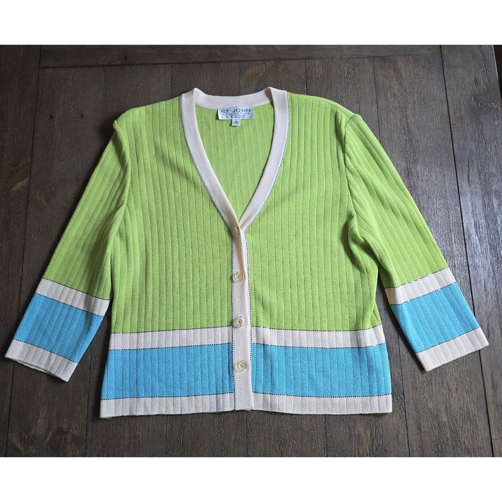 St John Collection by Marie Gray Green Blue Knit Button Up Cardigan Classic Sz 8